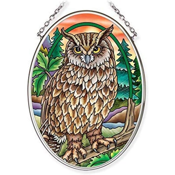 Owl Stained Glass Suncatcher Decorative Hanging Art Oval Shaped Window Decor - Picture 1 of 1